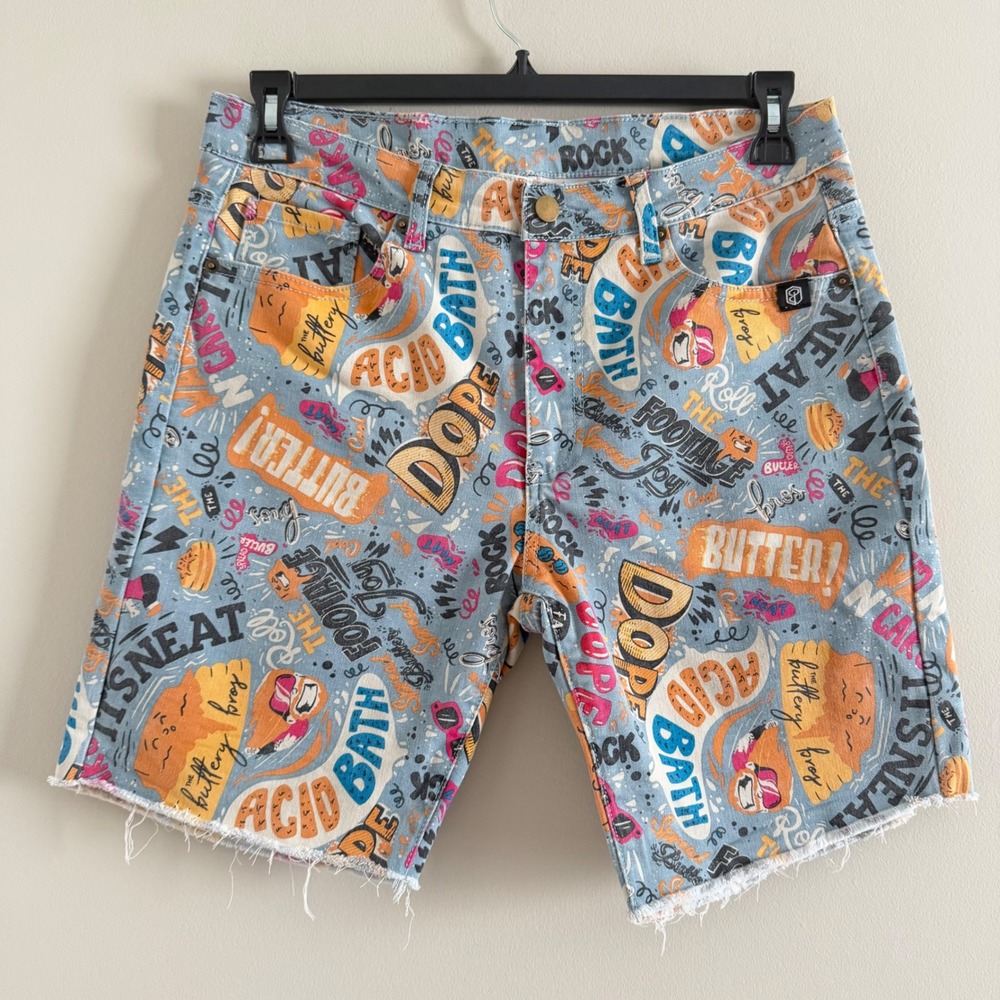 Born Primitive x Buttery Bros Mens Graffiti Print Denim Shorts Size L Streetwear
